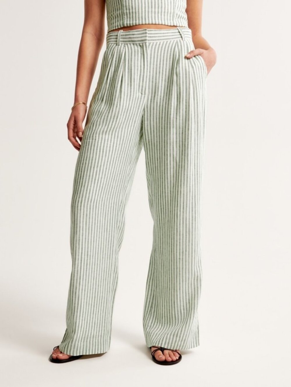 Abercrombie Linen Sloane Tailored green striped wide leg pants 0L/25L
